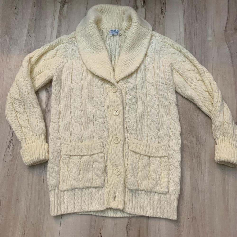 Vintage 1960s Sears Mens Cream Cable Knit Shawl Collar Cardigan Sweater Medium